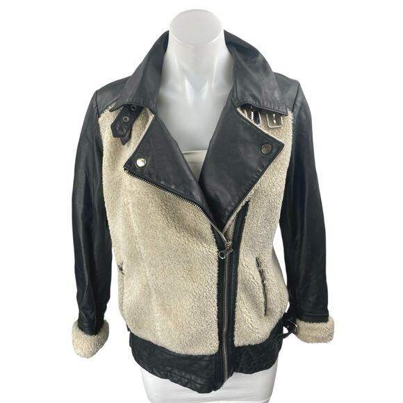 Slate & Willow Aviator Beige Black 100% Leather Sherpa Zip Up Moto Coat Jacket S - Picture 1 of 6